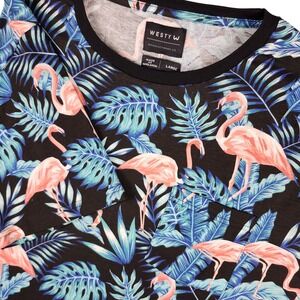 WESTY W Flamingo Tropical Print Black T Shirt Mens Large Short Sleeve